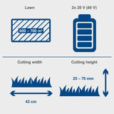 40V Cordless Brushless Lawn Mower with 43cm Cutting Width, 2×4Ah Batteries, Twin Charger, 50L Grass Box