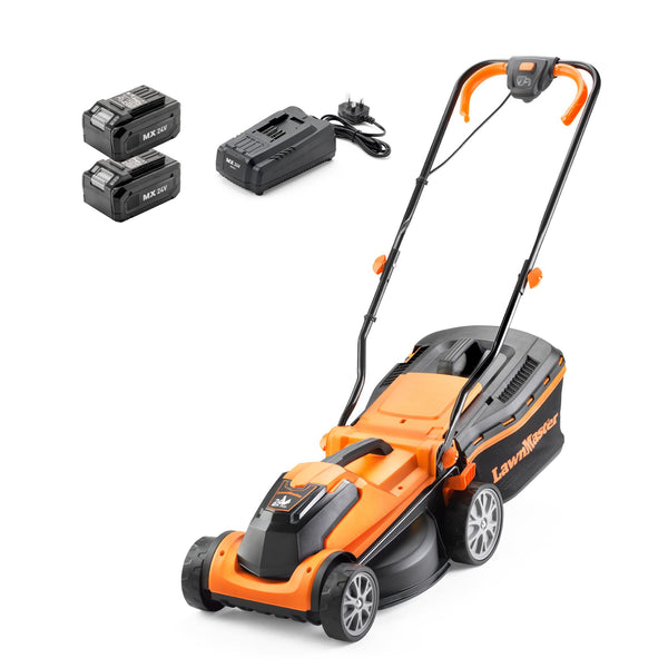 24V Cordless Lawn Mower, 34cm Cutting Width, 2×4Ah Batteries, Fast Charger, 32L Grass Box, 6 Cutting Heights