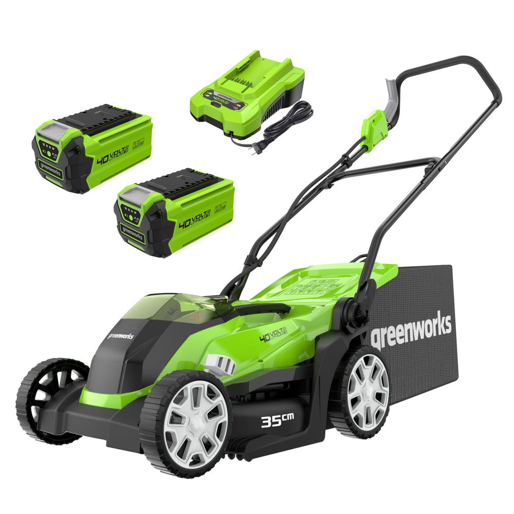 40V Cordless Lawn Mower, 35cm Cutting Width, 2×2Ah Batteries, Charger, 40L Grass Bag, 5 Cutting Heights