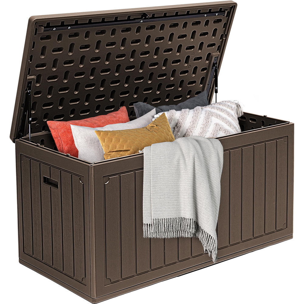 Resin Outdoor Deck Storage Box 340L, Wood Texture Bench, Brown